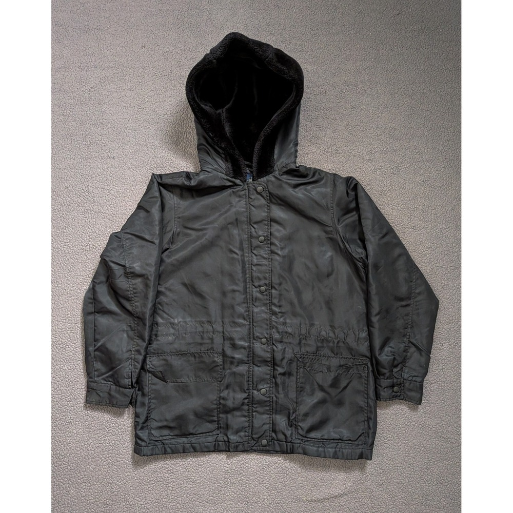 GAP Black Nylon Hooded Parka Jacket Faux Fur - Medium